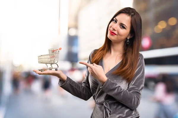 Schönes junges Mädchen mit einem Einkaufswagen Spielzeug auf unkonzentriertem Hintergrund — Stockfoto