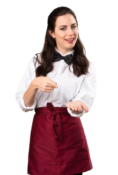 Young beautiful waitress holding something — Stock Photo, Image