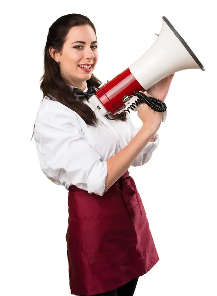 Jovem bela garçonete segurando um megafone — Fotografia de Stock