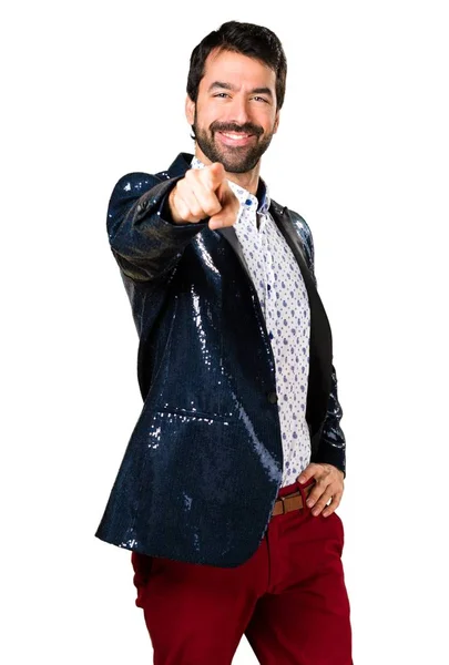 Man with jacket pointing to the front — Stock Photo, Image