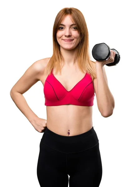 Feliz bela mulher do esporte com halteres — Fotografia de Stock