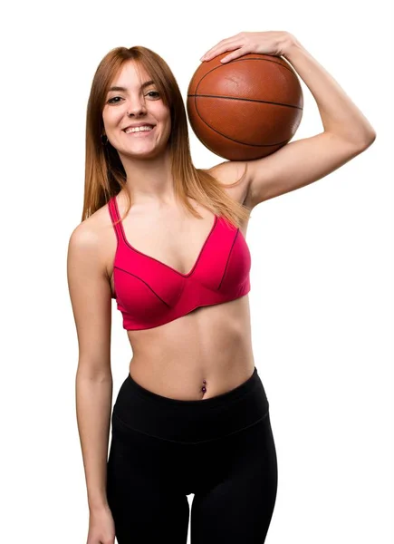 Jovem mulher do esporte com bola de basquete — Fotografia de Stock