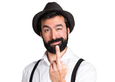 Boynuz jest yapma sakallı hippi adam