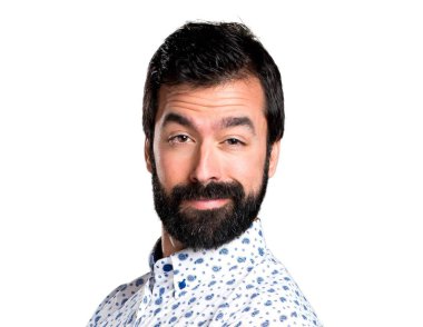 Kendisiyle gurur sakallı yakışıklı esmer adam