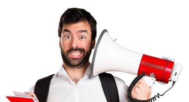 Megafon tarafından bağırarak öğrenci adam