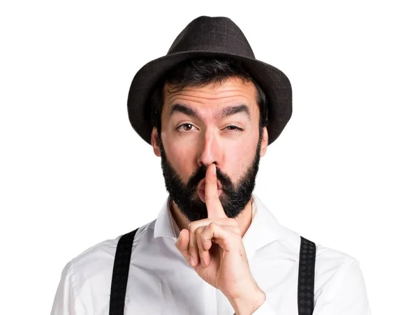 Hipster homem com barba fazendo gesto de silêncio — Fotografia de Stock