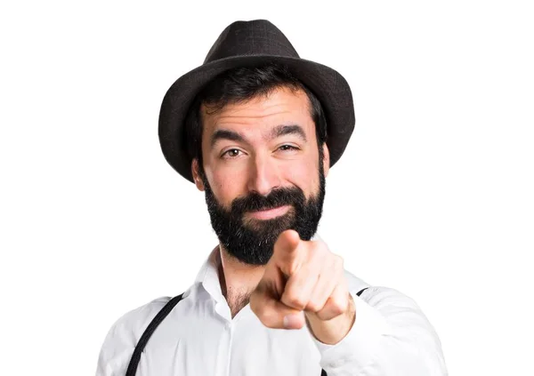 Hipster man with beard pointing to the front — Stock Photo, Image