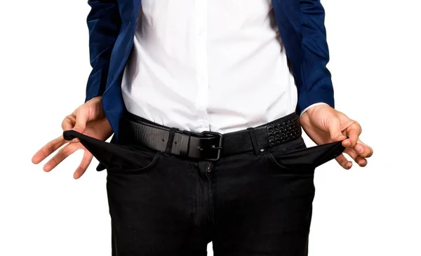 Romos jóképű férfi keres pénzt a zsebükben — Stock Fotó