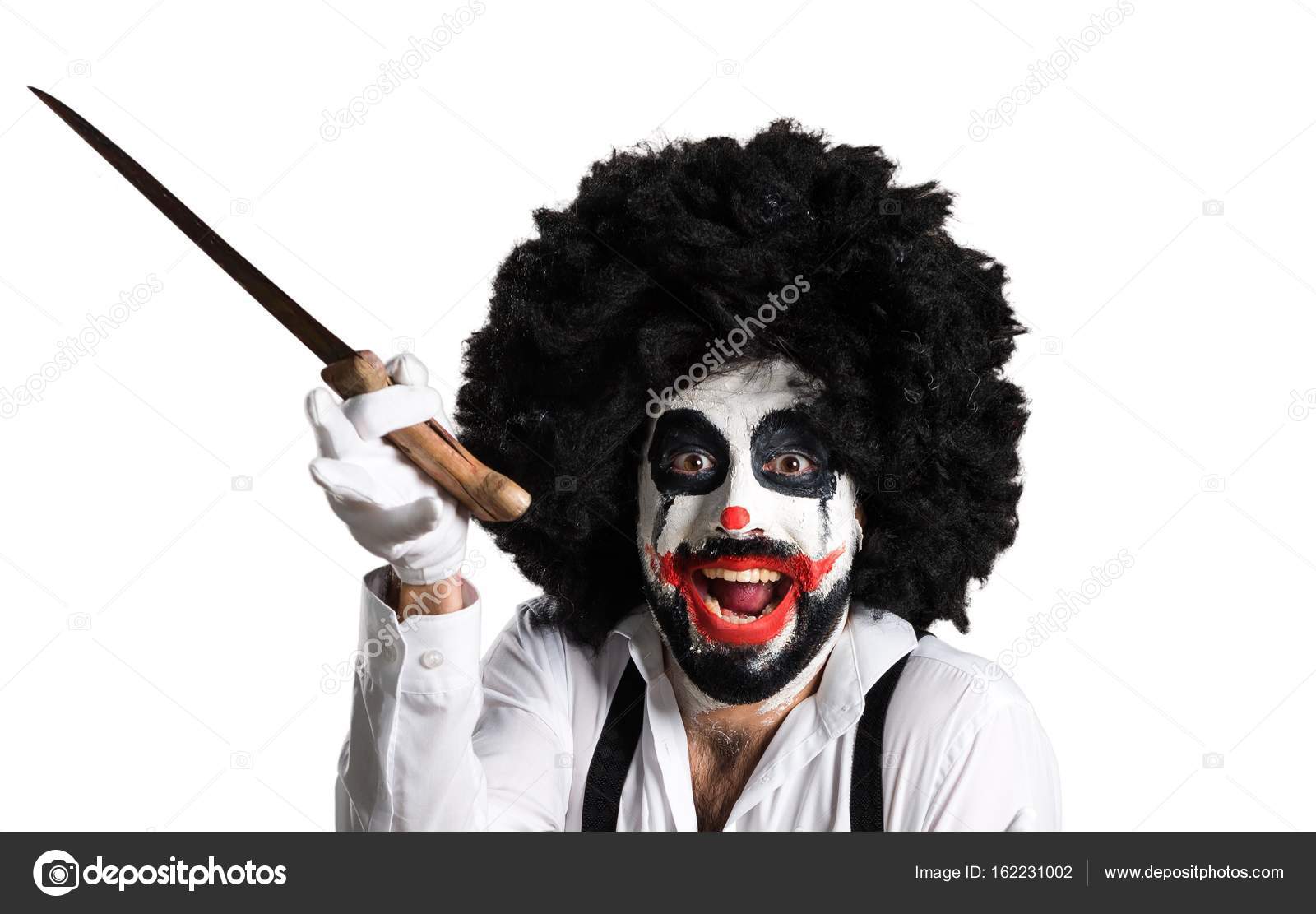 Killer clown with knife making surprise gesture Stock Photo by ©luismolinero 162231002