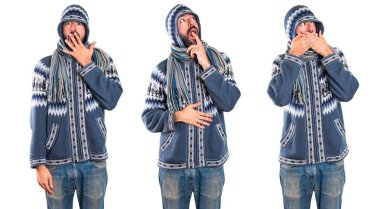 Adam sürpriz jest yapma kış giysileri ile ayarla