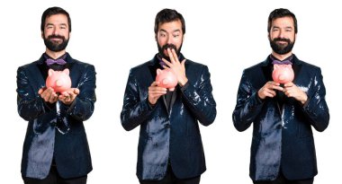 Bir servet tutan payet ceket ile yakışıklı adam