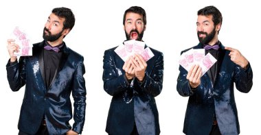 Bir sürü para alarak payet ceket ile yakışıklı adam