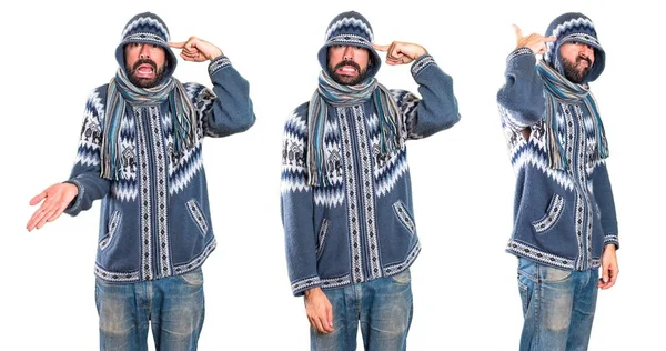 Conjunto de Hombre con ropa de invierno haciendo gesto loco — Foto de Stock