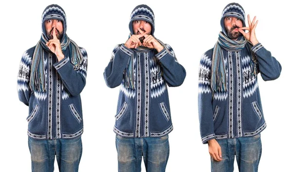Conjunto de Hombre con ropa de invierno haciendo gesto de silencio —  Fotos de Stock