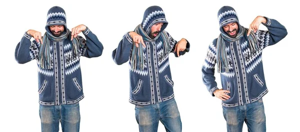 Conjunto de Hombre con ropa de invierno apuntando hacia abajo — Foto de Stock