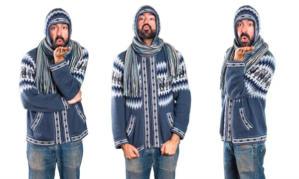 Conjunto de Hombre con ropa de invierno enviando un beso — Foto de Stock