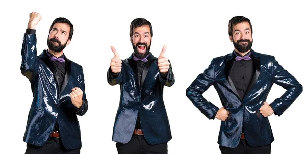 Handsome man with sequin jacket with thumb up — Stock Photo, Image