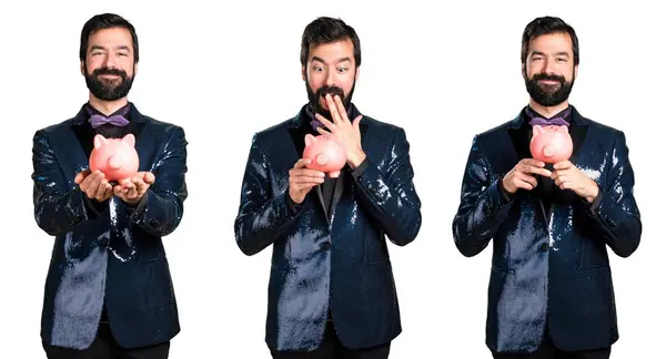 Bir servet tutan payet ceket ile yakışıklı adam