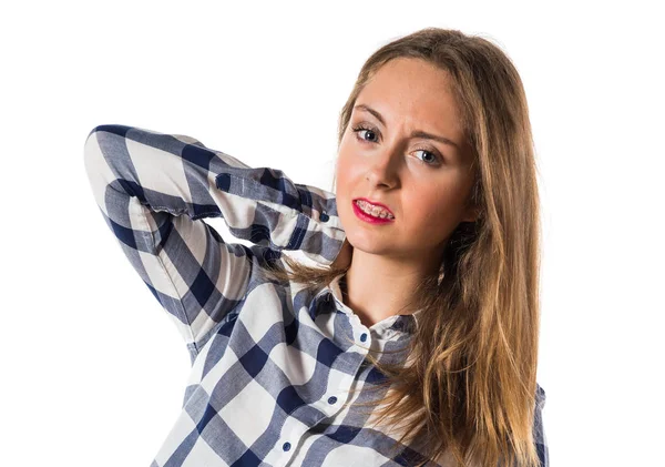 Blonde teen girl with neck pain — Stock Photo, Image