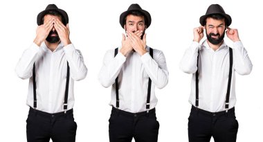 Ağzını, kulakları ve gözleri kapsayan sakallı hippi adam