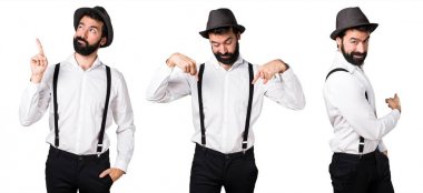 Sakal işaret ile hipster adam geri, yukarı ve aşağı