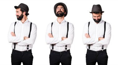 Sakal yukarı, aşağı ve yanal görünümlü hipster adam