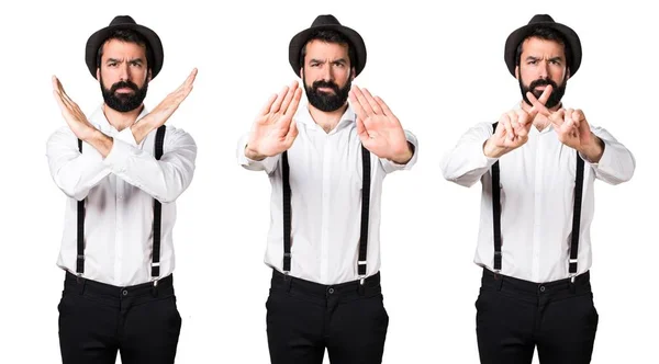 Hipster man with beard making stop sign — Stock Photo, Image