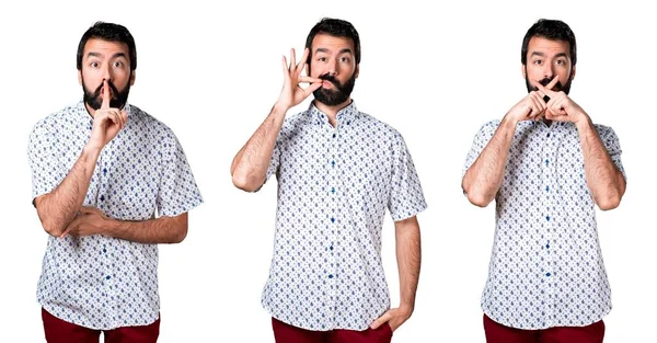 Sessizlik jest yapma sakallı yakışıklı esmer adam