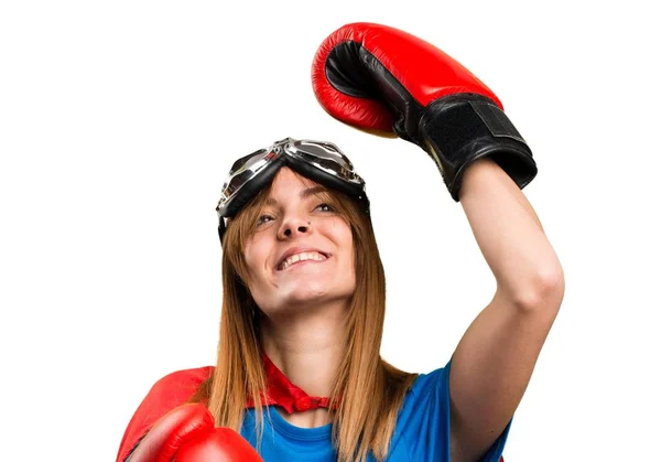 Lucky superhero girl with boxing gloves — Stock Photo, Image