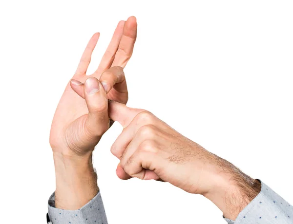 Hand of man doing sex gesture — Stock Photo, Image