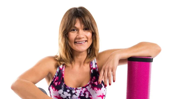 Sport woman with mat and rope — Stock Photo, Image