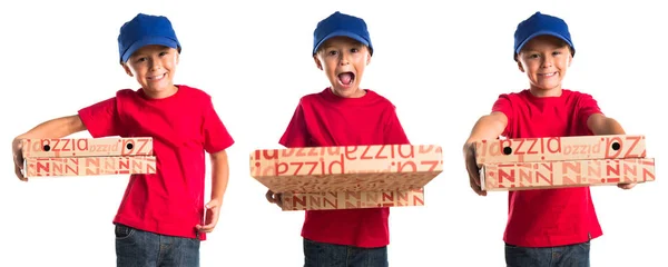 Pizza dostawa dziecko robi gest niespodzianka — Zdjęcie stockowe
