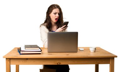 Onu laptop ile ve onun mobil çalışma iş kadını