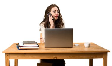 Onu laptop ile ve onun mobil çalışma iş kadını