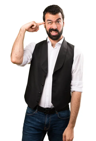 Homem legal fazendo gesto louco no fundo branco isolado — Fotografia de Stock