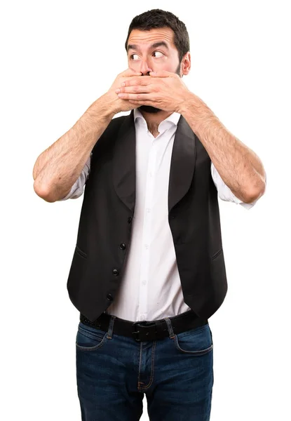 Cool man covering his mouth on isolated white background — Stock Photo, Image