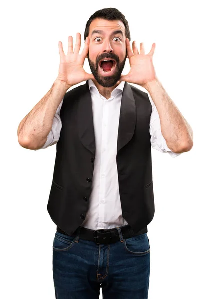 Onhartelijk mens verrassing gebaar maken op geïsoleerde witte achtergrond — Stockfoto