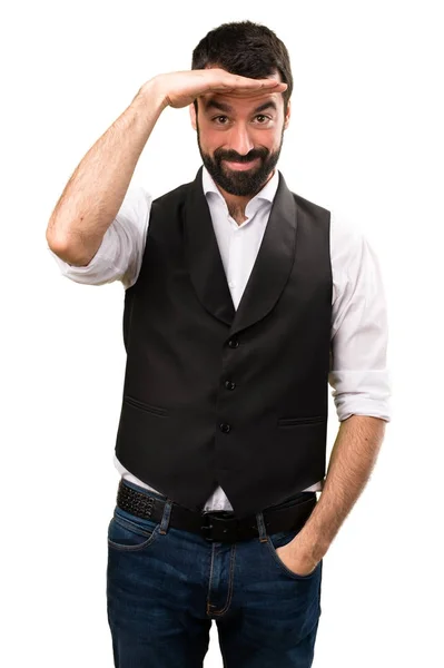 Cool man showing something on isolated white background — Stock Photo, Image