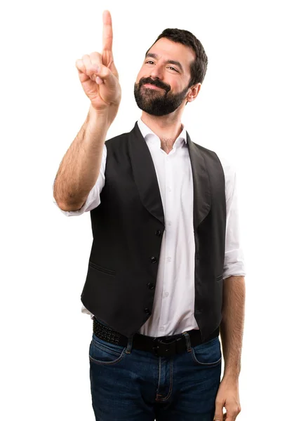 Homem legal tocando na tela transparente no backgr branco isolado — Fotografia de Stock