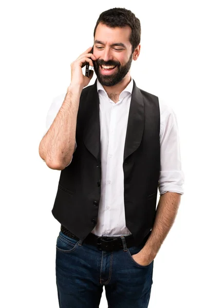 分離の白い背景の上の携帯を持つクールな男 — ストック写真