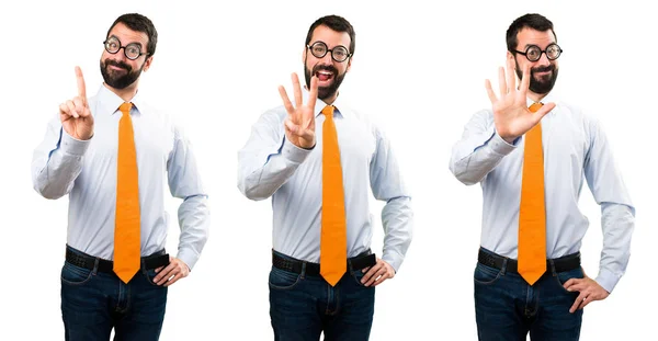 Set of Funny man with glasses counting one, three and five — Stock Photo, Image