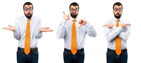 Set di uomo Divertente con gli occhiali facendo buon-cattivo segno — Foto Stock