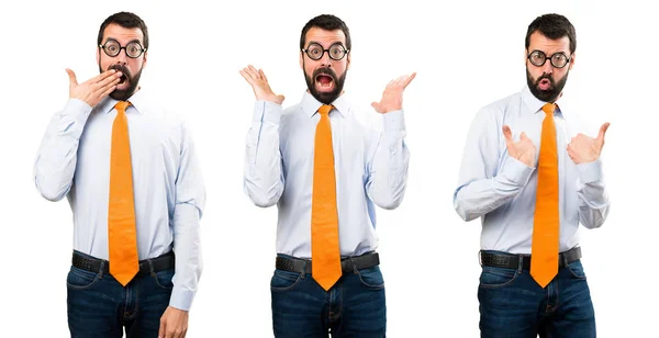 Set van grappige man met bril verrassing gebaar maken — Stockfoto