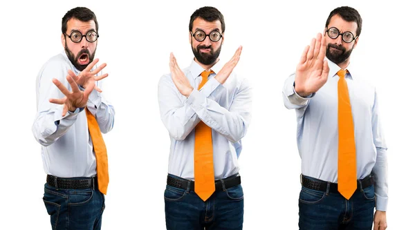 Set of Funny man with glasses making NO gesture — Stock Photo, Image