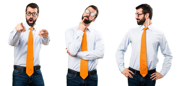 Set of Funny man with glasses looking lateral, up and front — Stock Photo, Image