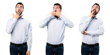 Sürpriz bir jest yapma sakallı yakışıklı adam ayarla