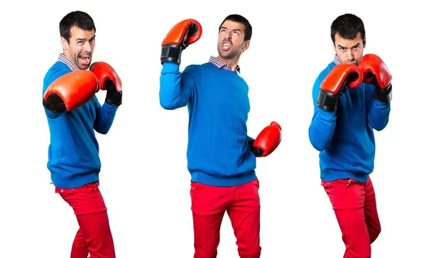 Set of Handsome young man with boxing gloves — Stock Photo, Image
