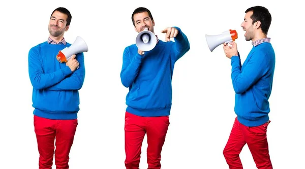 Set of Handsome young man holding a megaphone — Stock Photo, Image
