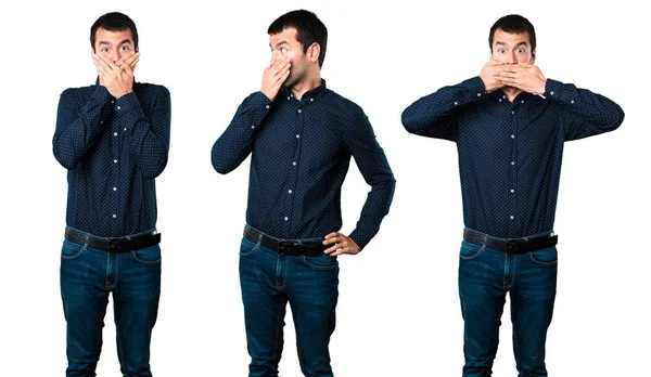 Conjunto de homem bonito cobrindo sua boca — Fotografia de Stock