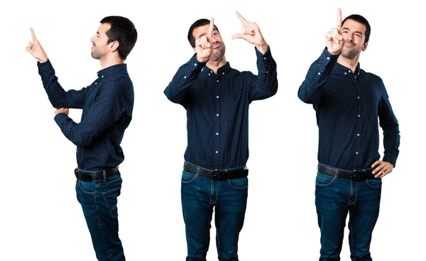 Conjunto de homem bonito tocando na tela transparente — Fotografia de Stock